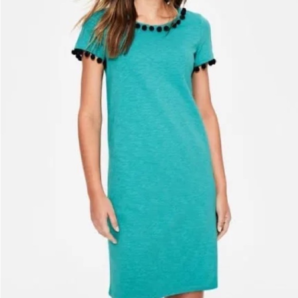 Boden Bridget teal Pom Pom shirt dress